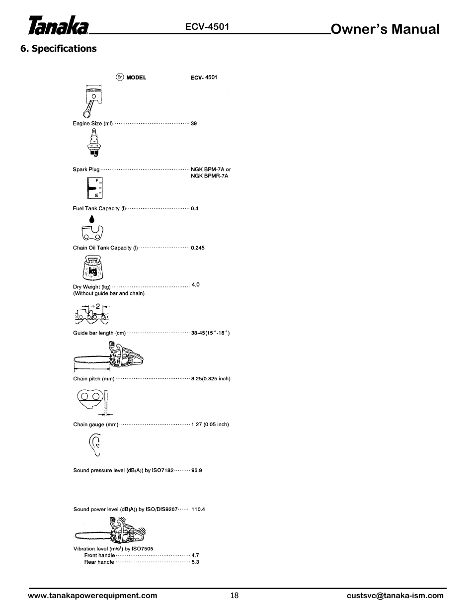 Specifications, Owner’s manual | Tanaka ECV-4501 User Manual | Page 19 / 21