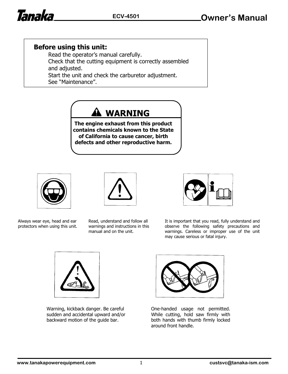 Symbols & alerts, Owner’s manual, Warning | Tanaka ECV-4501 User Manual | Page 2 / 21