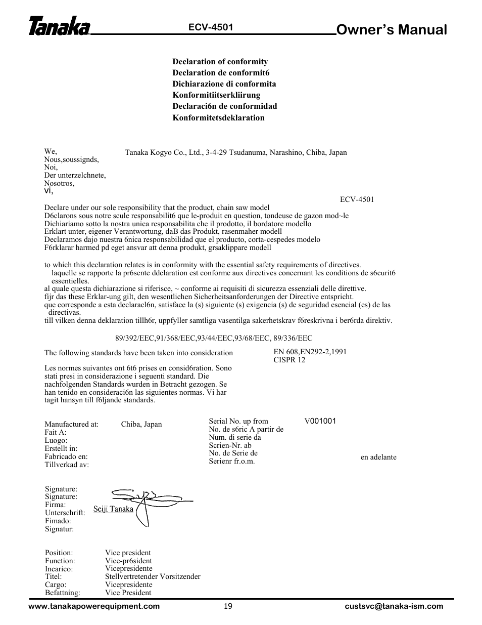 Declaration of conformity, Owner’s manual | Tanaka ECV-4501 User Manual | Page 20 / 21