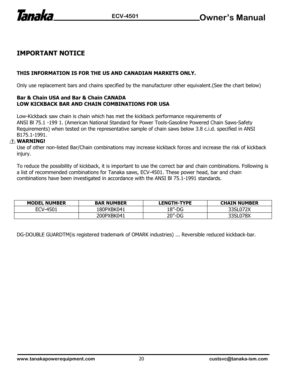 Important notice, Owner’s manual | Tanaka ECV-4501 User Manual | Page 21 / 21