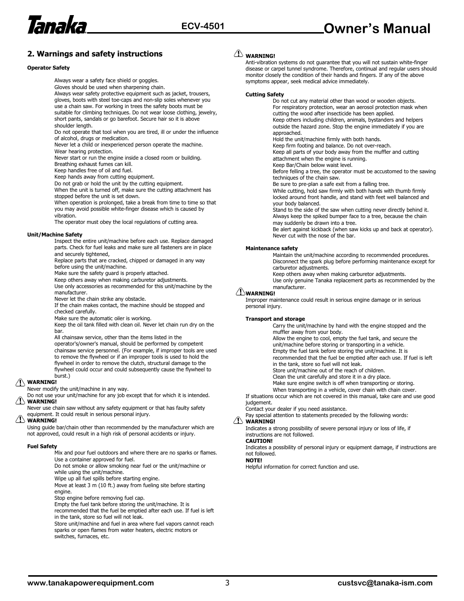 Warnings & safety instructions, Owner’s manual, Ecv-4501 | Warnings and safety instructions | Tanaka ECV-4501 User Manual | Page 4 / 21