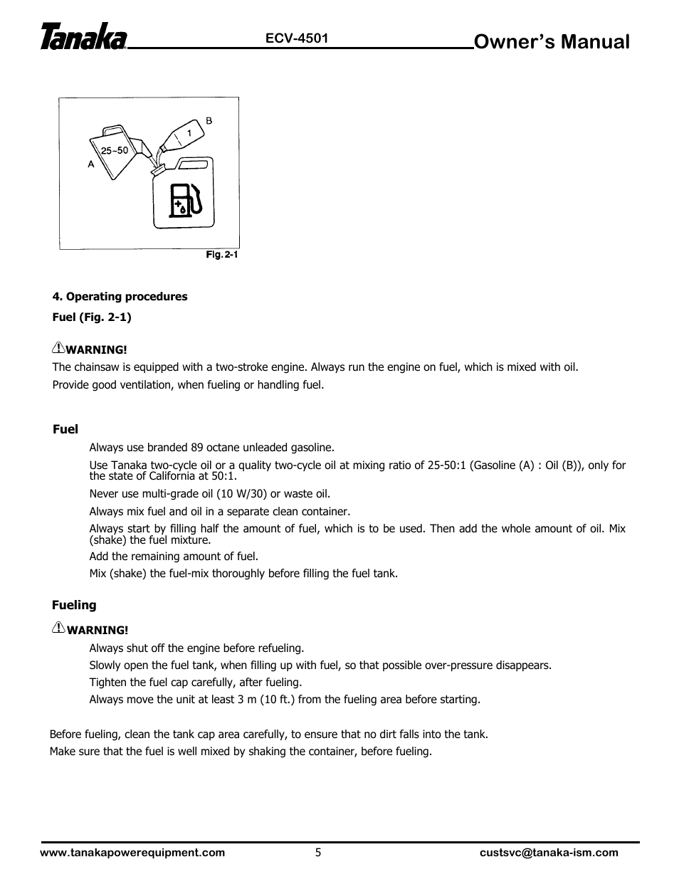 Operation, Owner’s manual | Tanaka ECV-4501 User Manual | Page 6 / 21