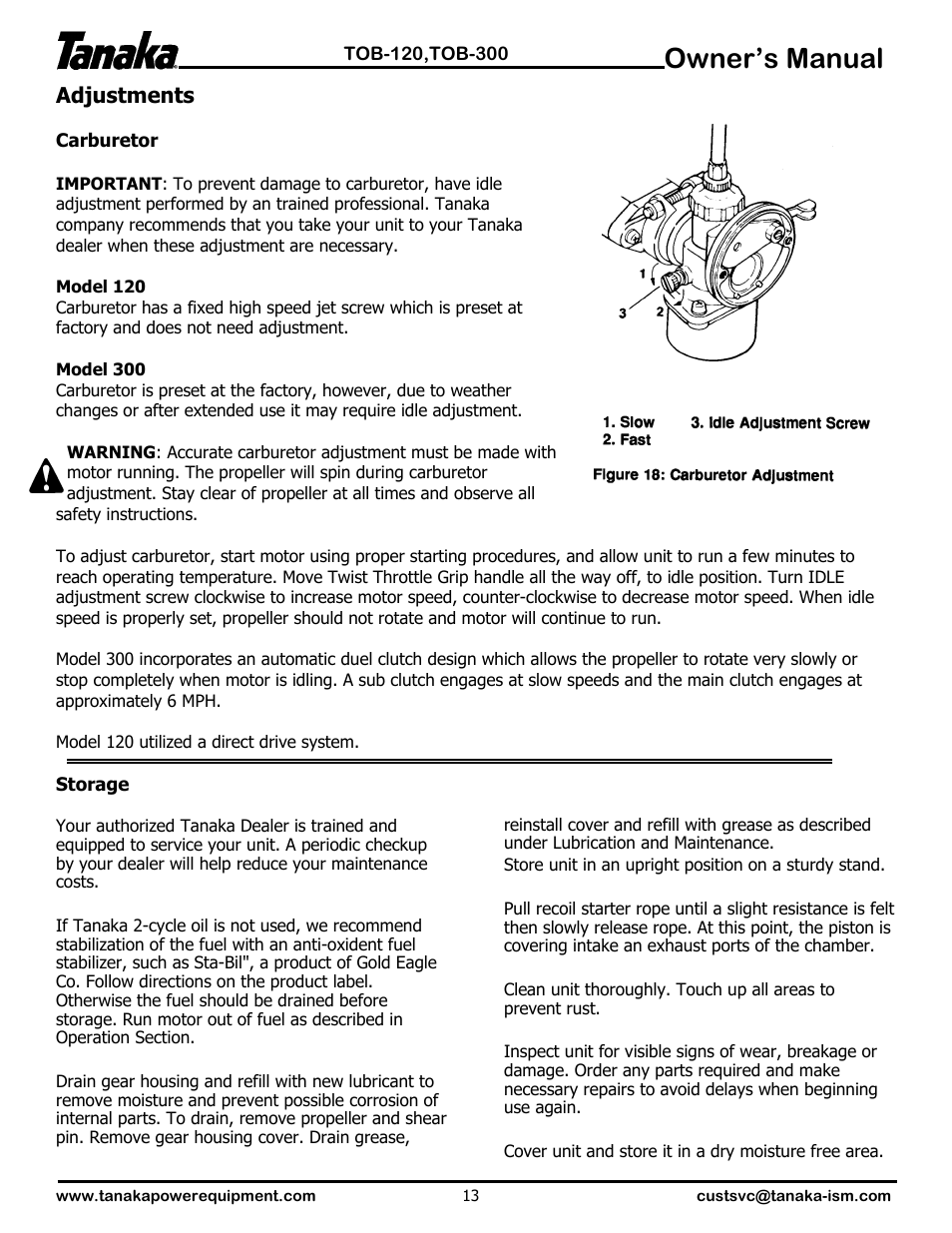 Storage, Owner’s manual | Tanaka TOB-120 User Manual | Page 14 / 15