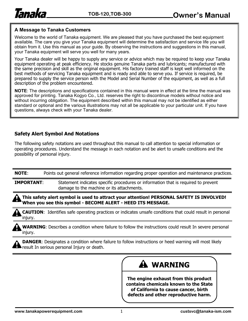 Symbols & alerts, Owner’s manual, Warning | Tanaka TOB-120 User Manual | Page 2 / 15