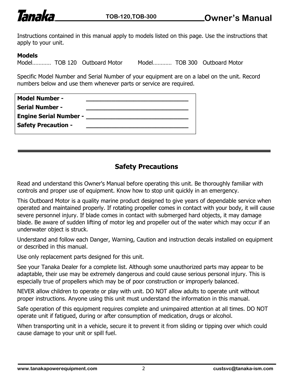 Safety precautions, Owner’s manual | Tanaka TOB-120 User Manual | Page 3 / 15