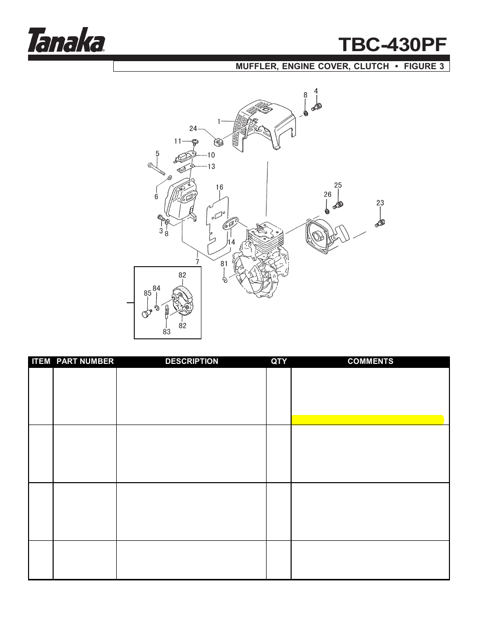 Muffler, engine cover & clutch, Tbc-430pf, Parts information | Tanaka TBC-430PF User Manual | Page 5 / 16