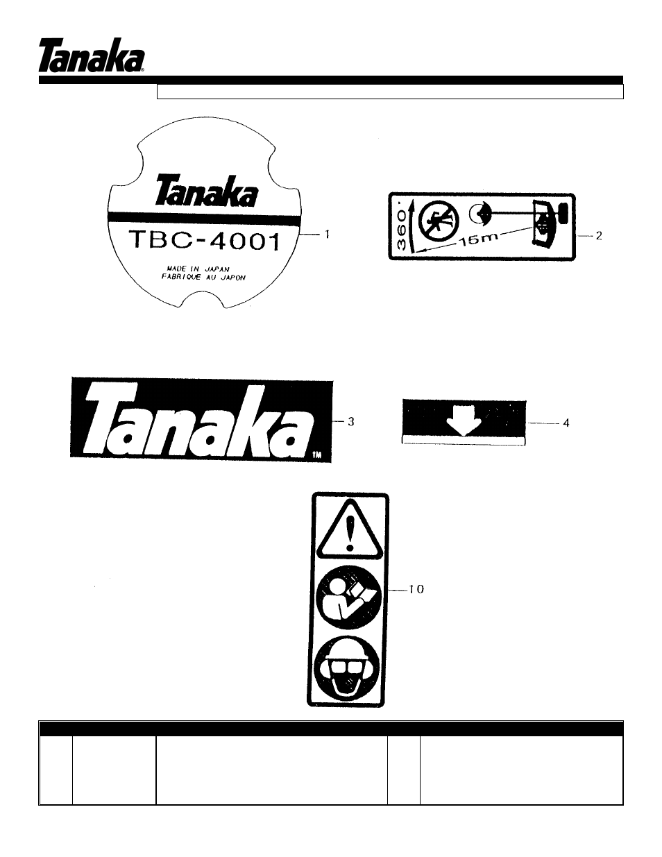 Decals, Tbc-4001, Parts information | Tanaka TBC-4001 User Manual | Page 12 / 13