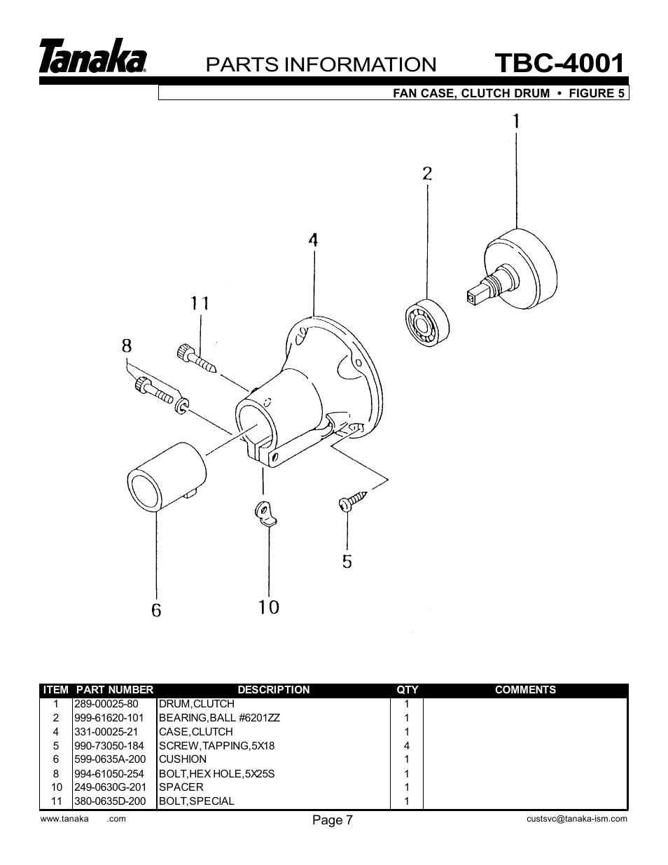 Clutch drum, Tbc-4001, Parts information | Tanaka TBC-4001 User Manual | Page 8 / 13