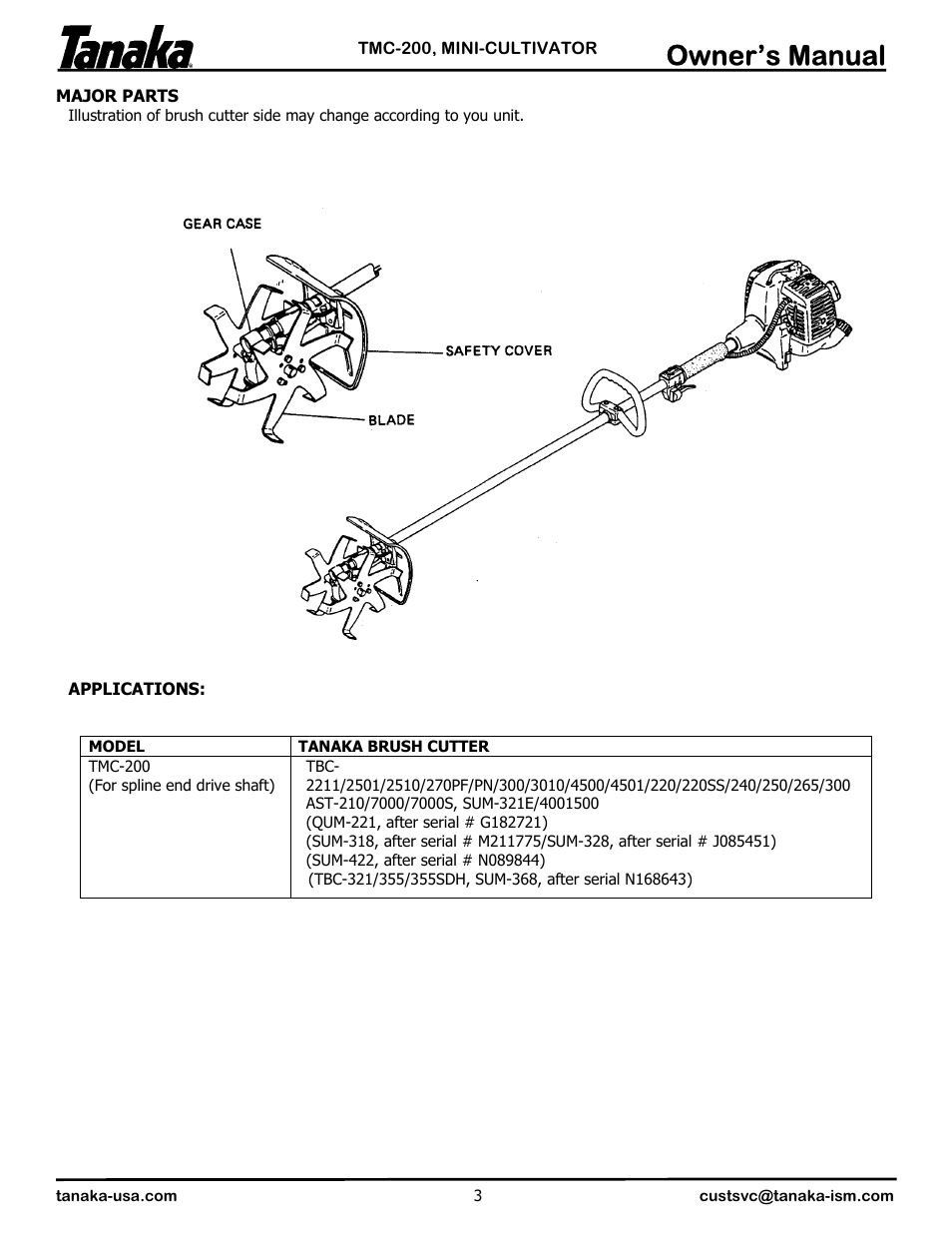 Major parts, Owner’s manual | Tanaka TMC-200 User Manual | Page 4 / 5