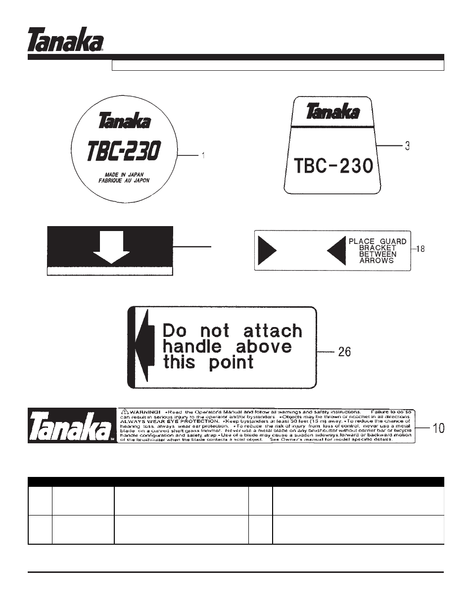 Decals, Tbc-230, Parts information | Tanaka TBC-230 User Manual | Page 15 / 19