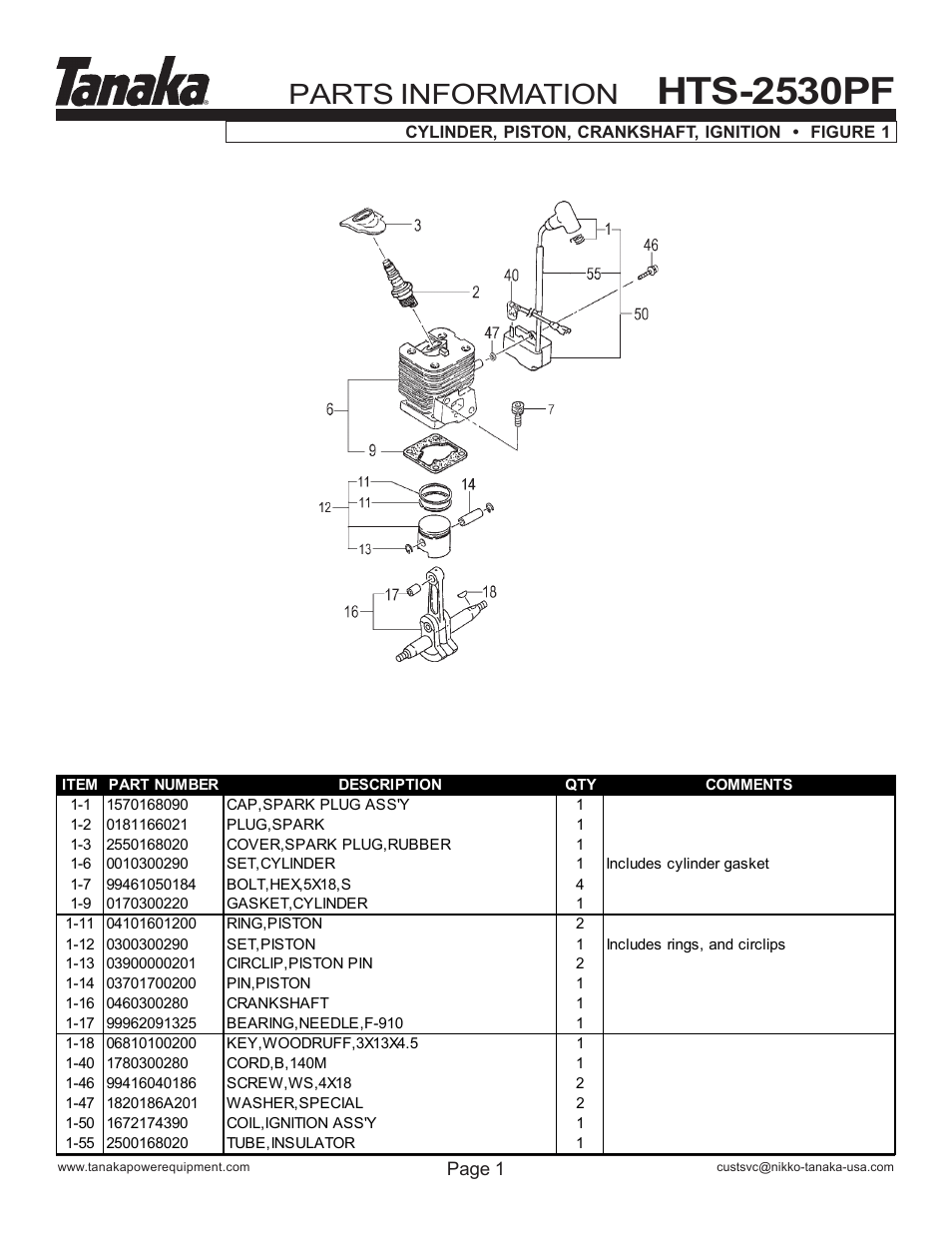 Engine, Hts-2530pf, Parts information | Tanaka HTS-2530PF User Manual | Page 2 / 17