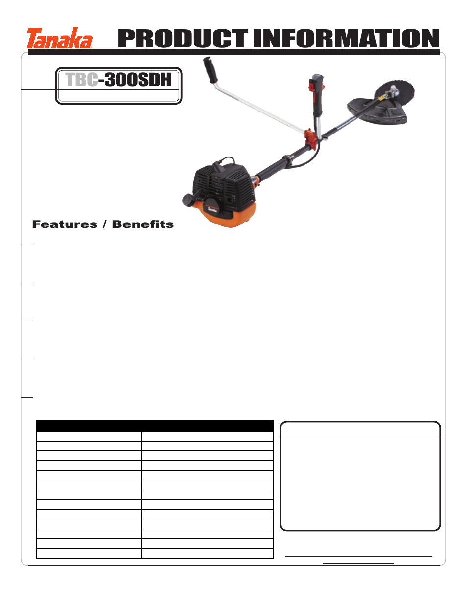 Specifications, Product information, Tbc -300sdh | Optional accessories, Features / benefits | Tanaka TBC-300SDH User Manual | Page 2 / 17