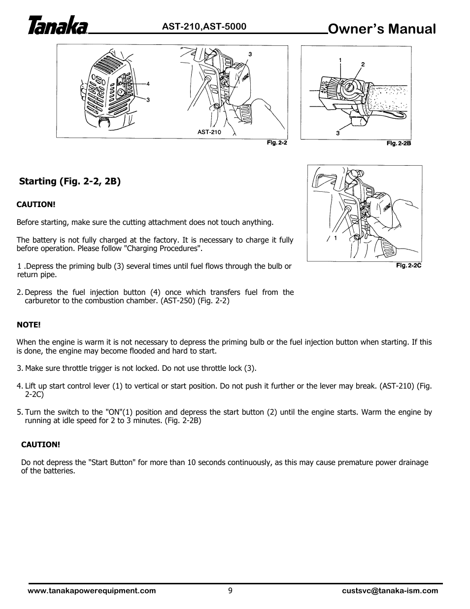 Starting your trimmer, Owner’s manual | Tanaka AST-210 User Manual | Page 10 / 21