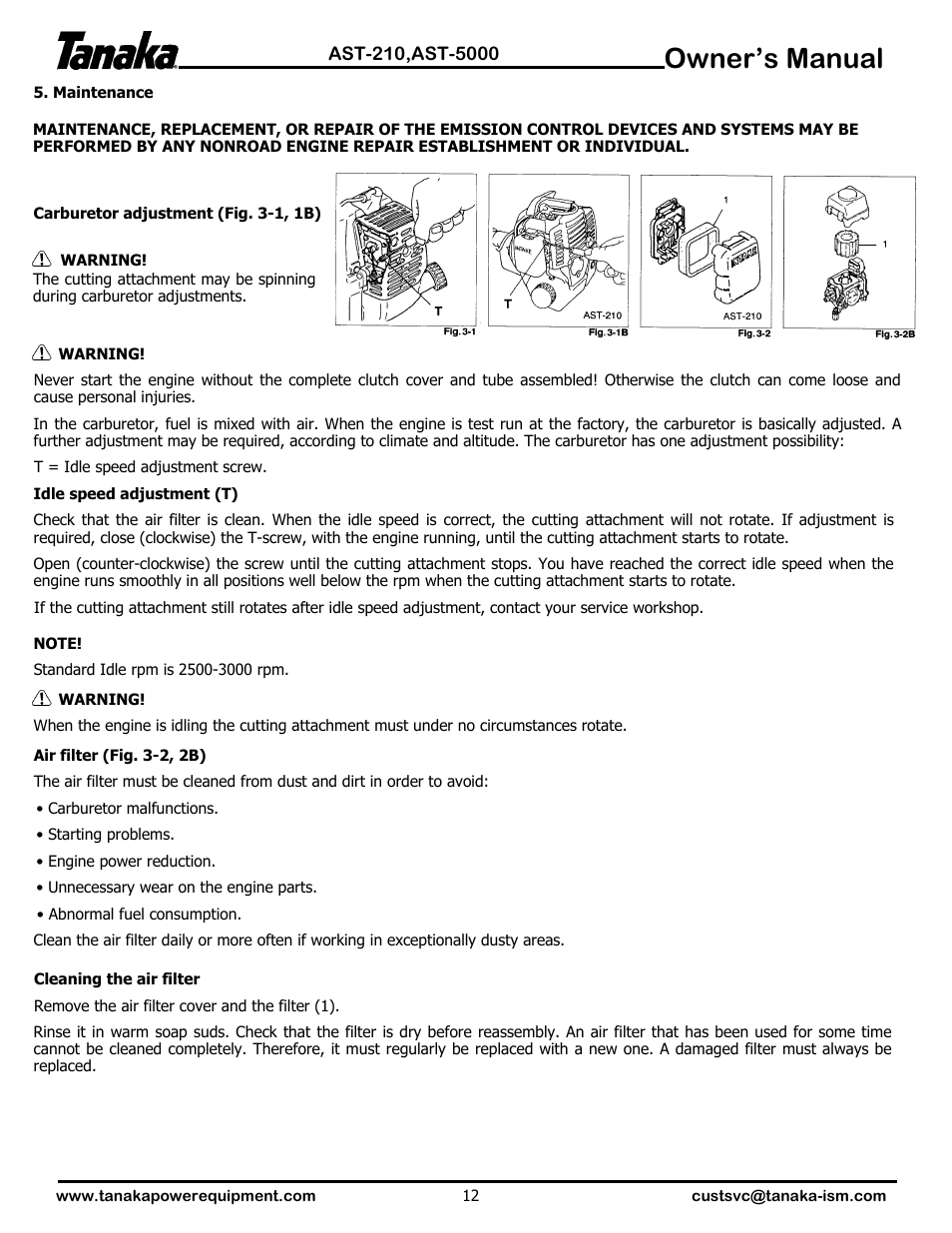 Maintenance, Owner’s manual | Tanaka AST-210 User Manual | Page 13 / 21