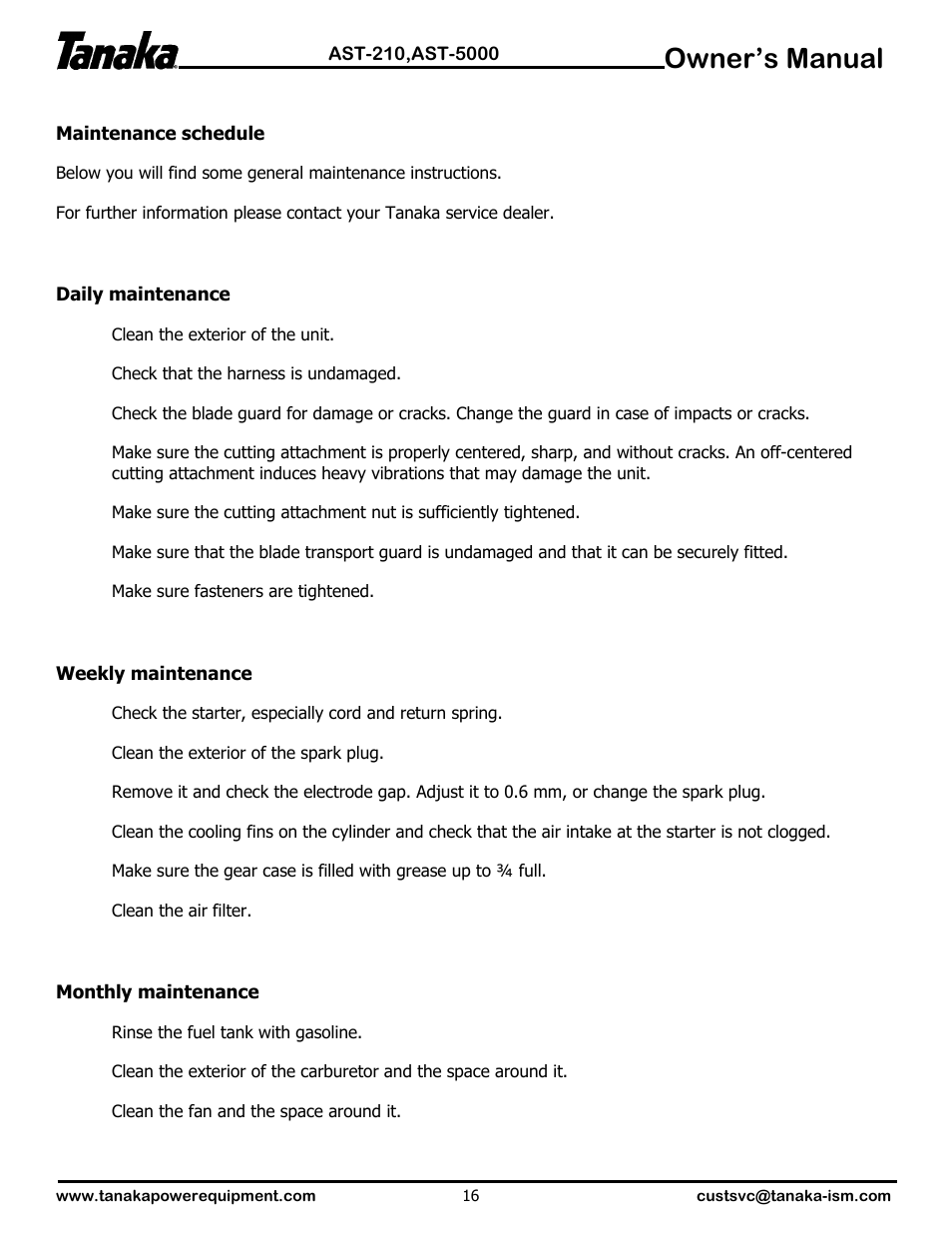 Owner’s manual | Tanaka AST-210 User Manual | Page 17 / 21