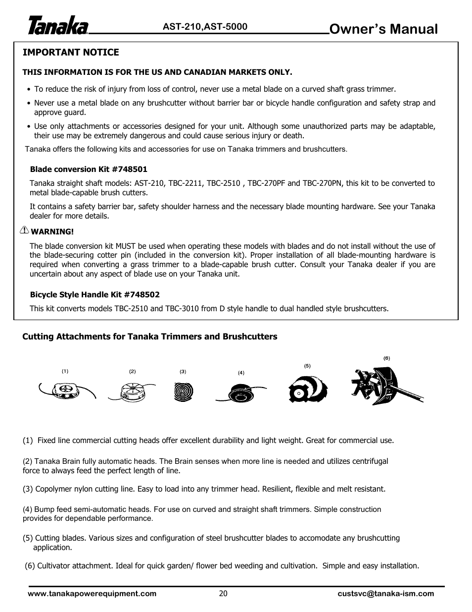 Important notice/cutting attach, Owner’s manual | Tanaka AST-210 User Manual | Page 21 / 21