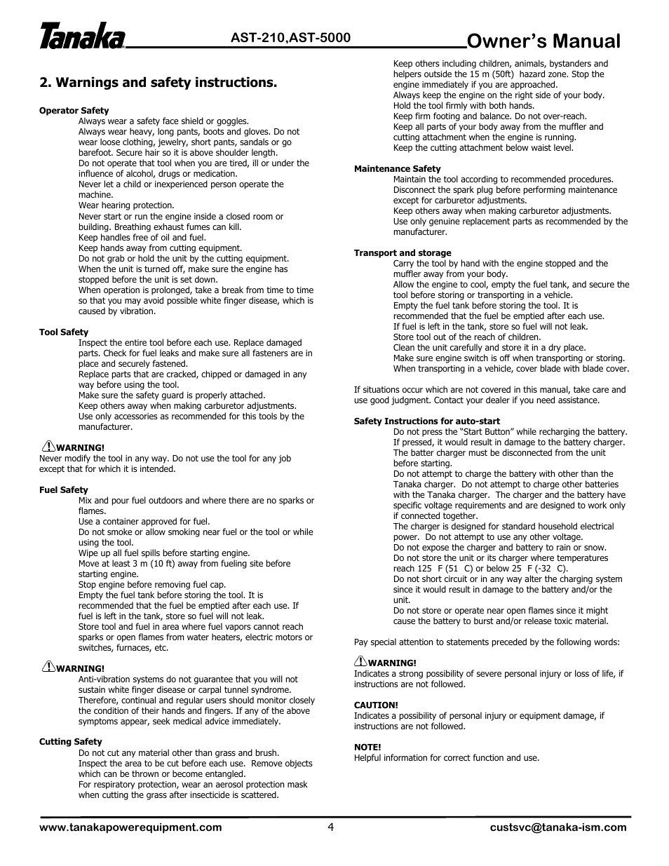 Warnings & safety instructions, Owner’s manual | Tanaka AST-210 User Manual | Page 5 / 21