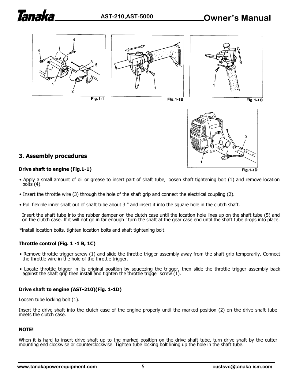 Assembly, Owner’s manual | Tanaka AST-210 User Manual | Page 6 / 21