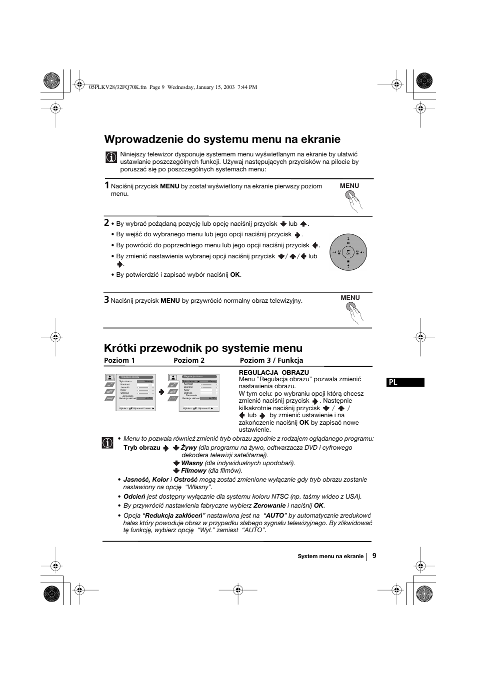 Wprowadzenie do systemu menu na ekranie, Krótki przewodnik po systemie menu | Sony KV-32FQ70K User Manual | Page 105 / 146