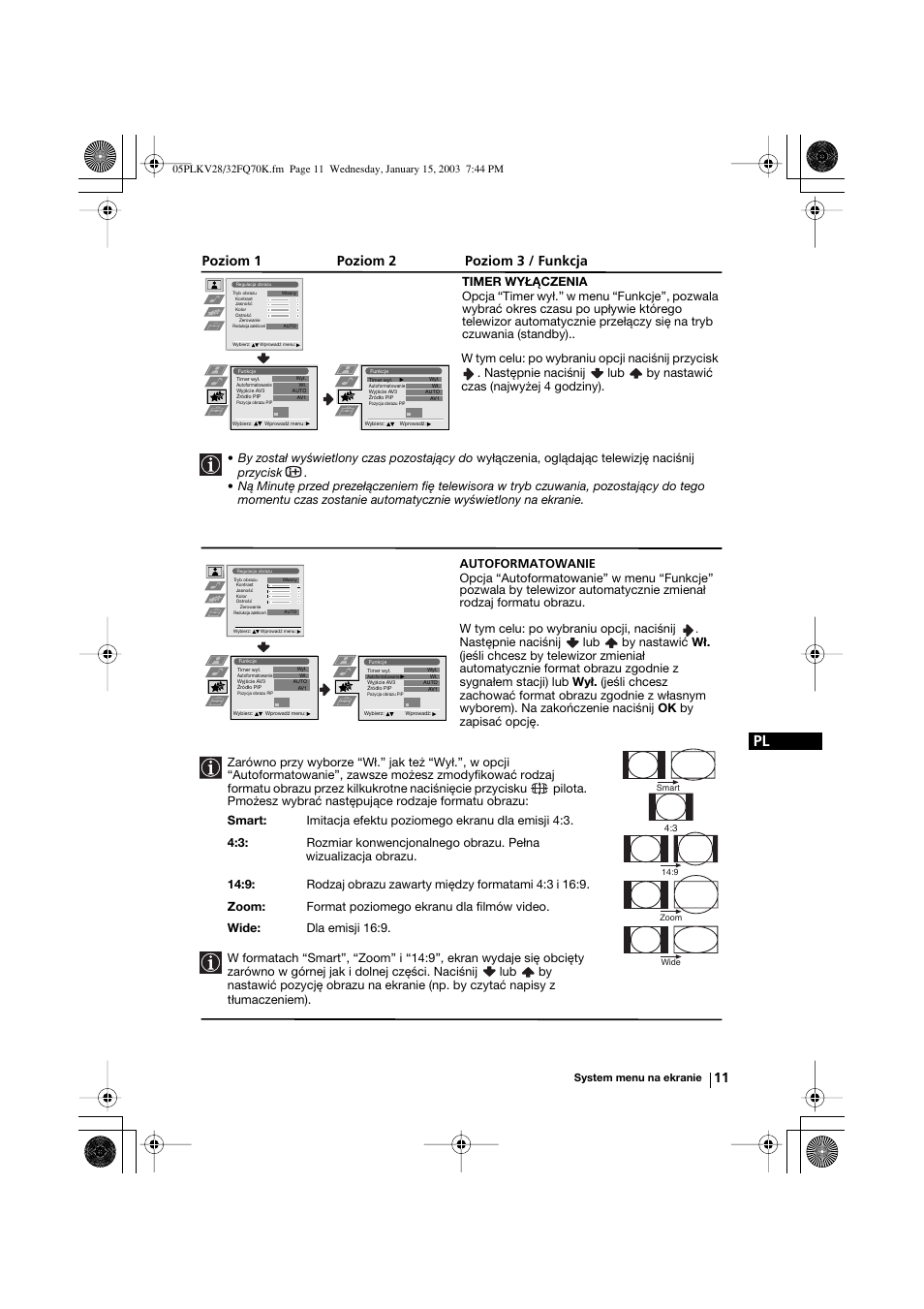 Poziom 1 poziom 2 poziom 3 / funkcja | Sony KV-32FQ70K User Manual | Page 107 / 146