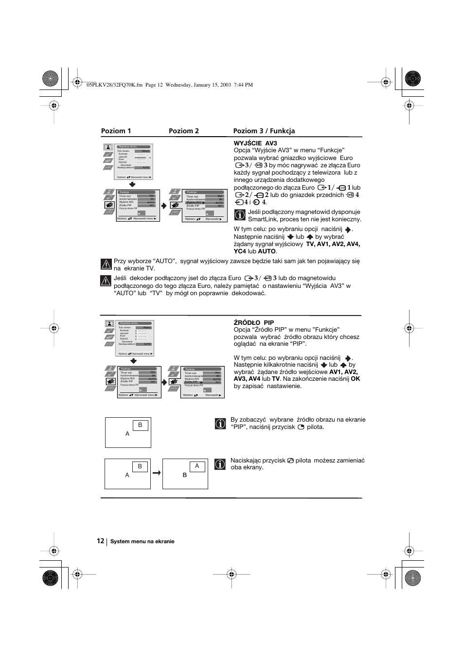 Poziom 1 poziom 2 poziom 3 / funkcja | Sony KV-32FQ70K User Manual | Page 108 / 146