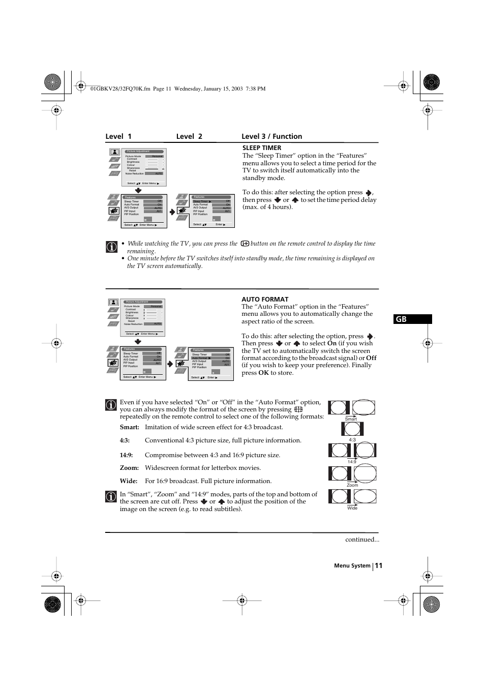 Level 1 level 2 level 3 / function | Sony KV-32FQ70K User Manual | Page 11 / 146