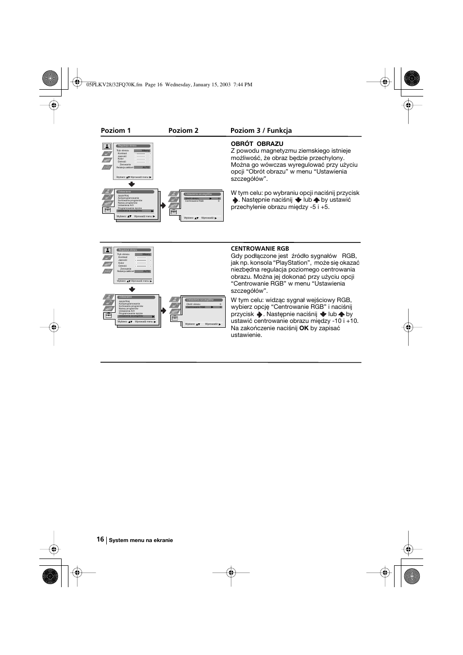 Poziom 1 poziom 2 poziom 3 / funkcja | Sony KV-32FQ70K User Manual | Page 112 / 146