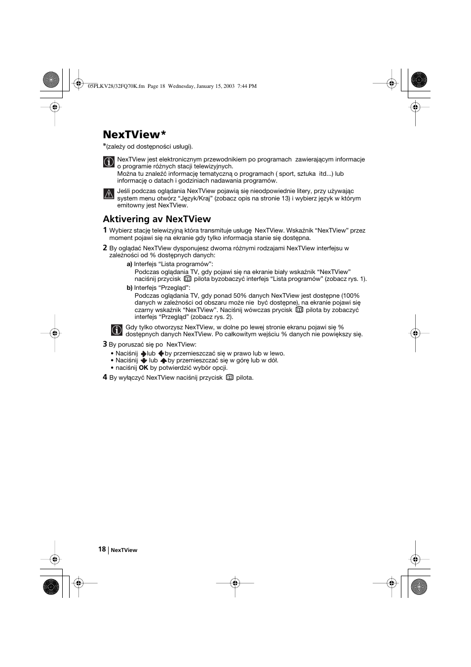 Nextview, Aktivering av nextview | Sony KV-32FQ70K User Manual | Page 114 / 146