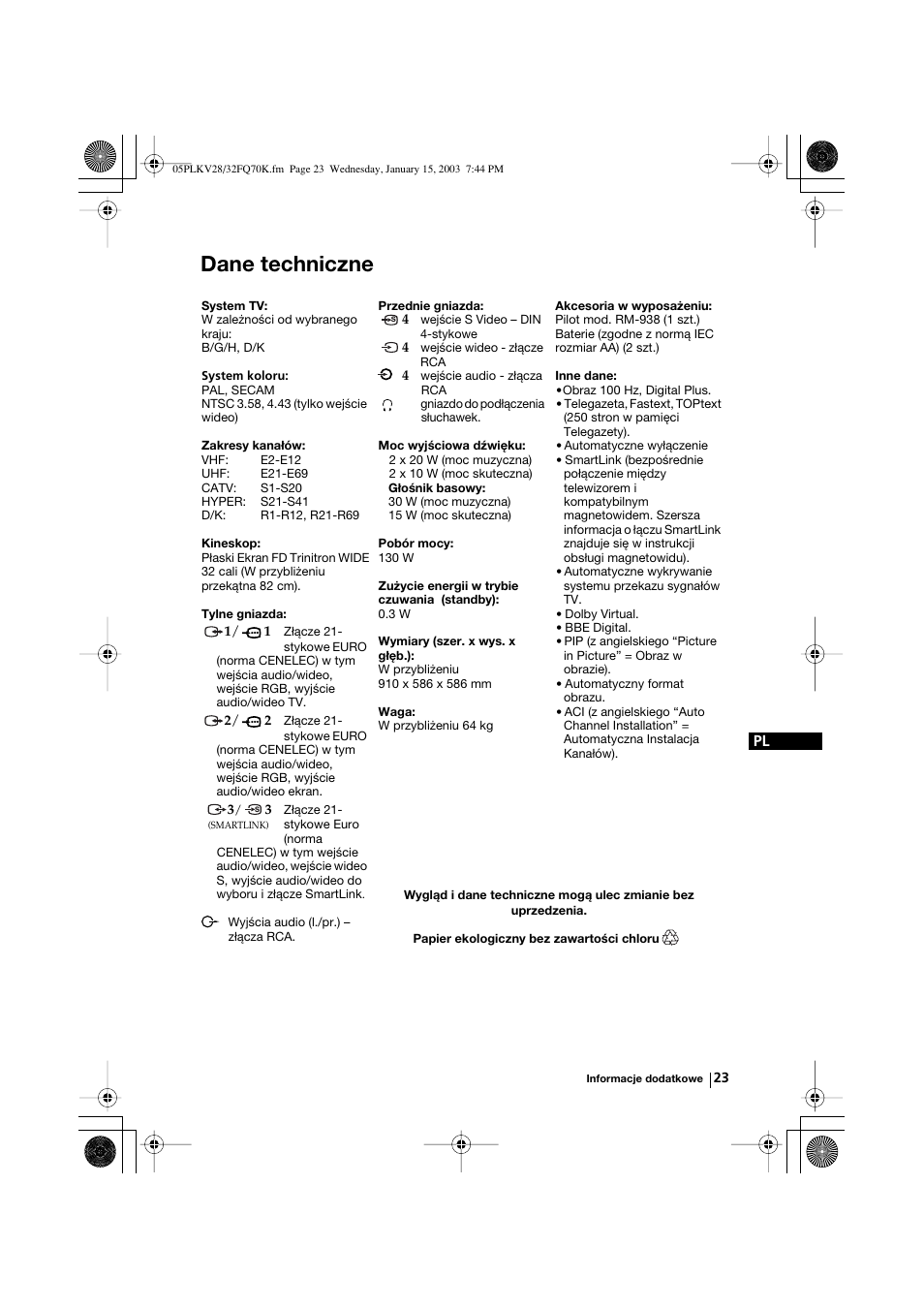 Dane techniczne | Sony KV-32FQ70K User Manual | Page 119 / 146
