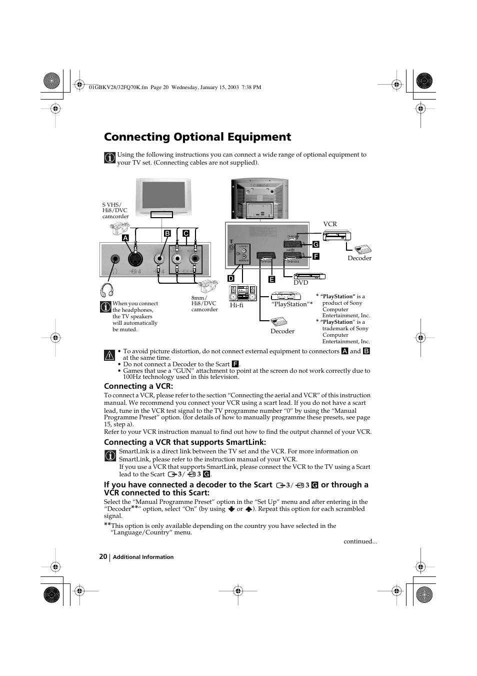 Connecting optional equipment, Connecting a vcr, Connecting a vcr that supports smartlink | If you have connected a decoder to the scart, Or through a vcr connected to this scart | Sony KV-32FQ70K User Manual | Page 20 / 146