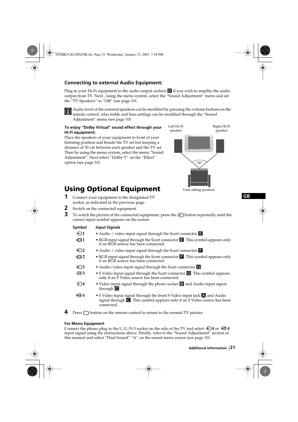 Using optional equipment | Sony KV-32FQ70K User Manual | Page 21 / 146