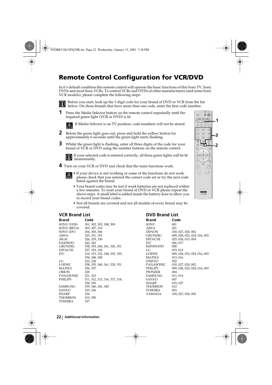 Remote control configuration for vcr/dvd, Vcr brand list dvd brand list | Sony KV-32FQ70K User Manual | Page 22 / 146