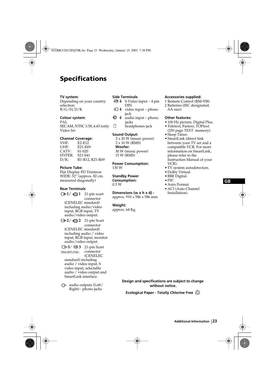 Specifications | Sony KV-32FQ70K User Manual | Page 23 / 146