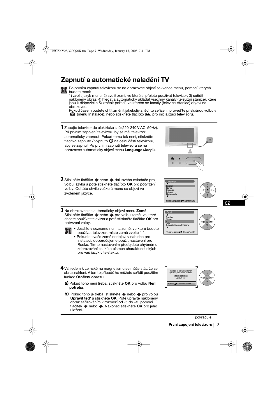 Zapnutí a automatické naladění tv | Sony KV-32FQ70K User Manual | Page 55 / 146