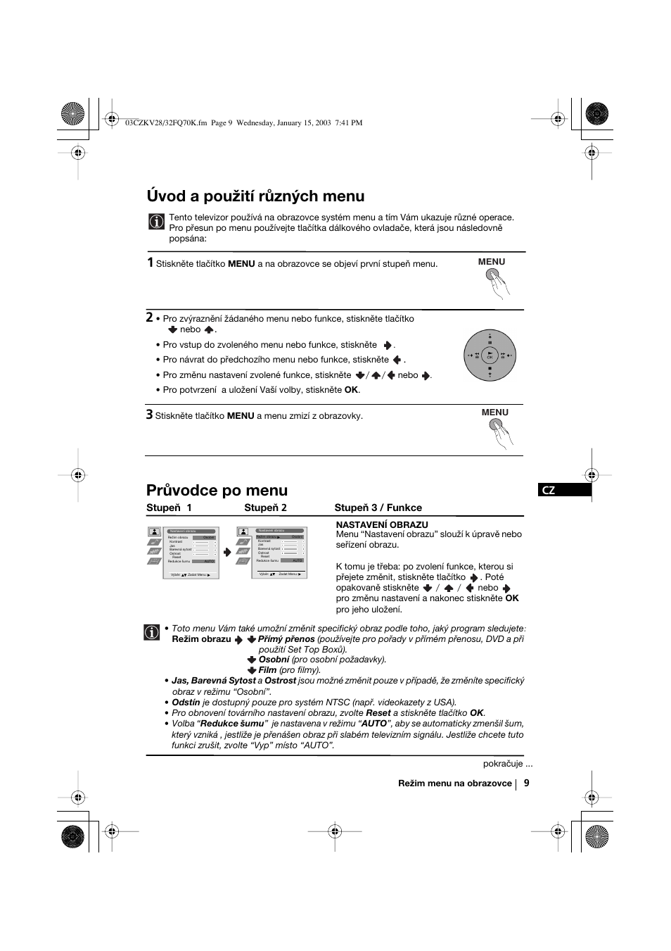 Úvod a použití různých menu, Průvodce po menu | Sony KV-32FQ70K User Manual | Page 57 / 146