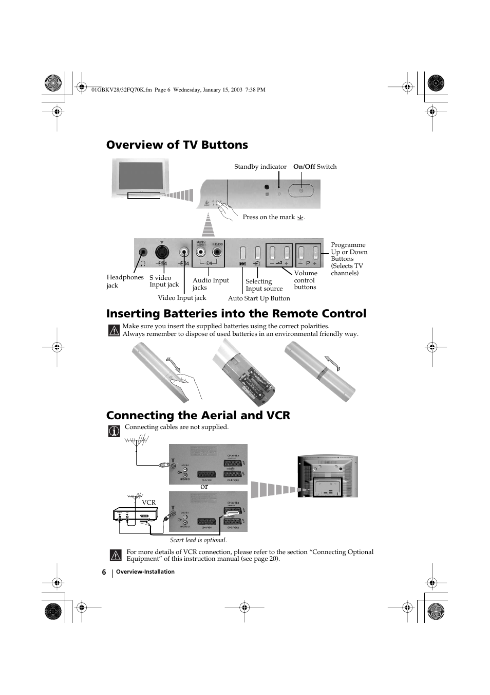 Connecting the aerial and vcr | Sony KV-32FQ70K User Manual | Page 6 / 146