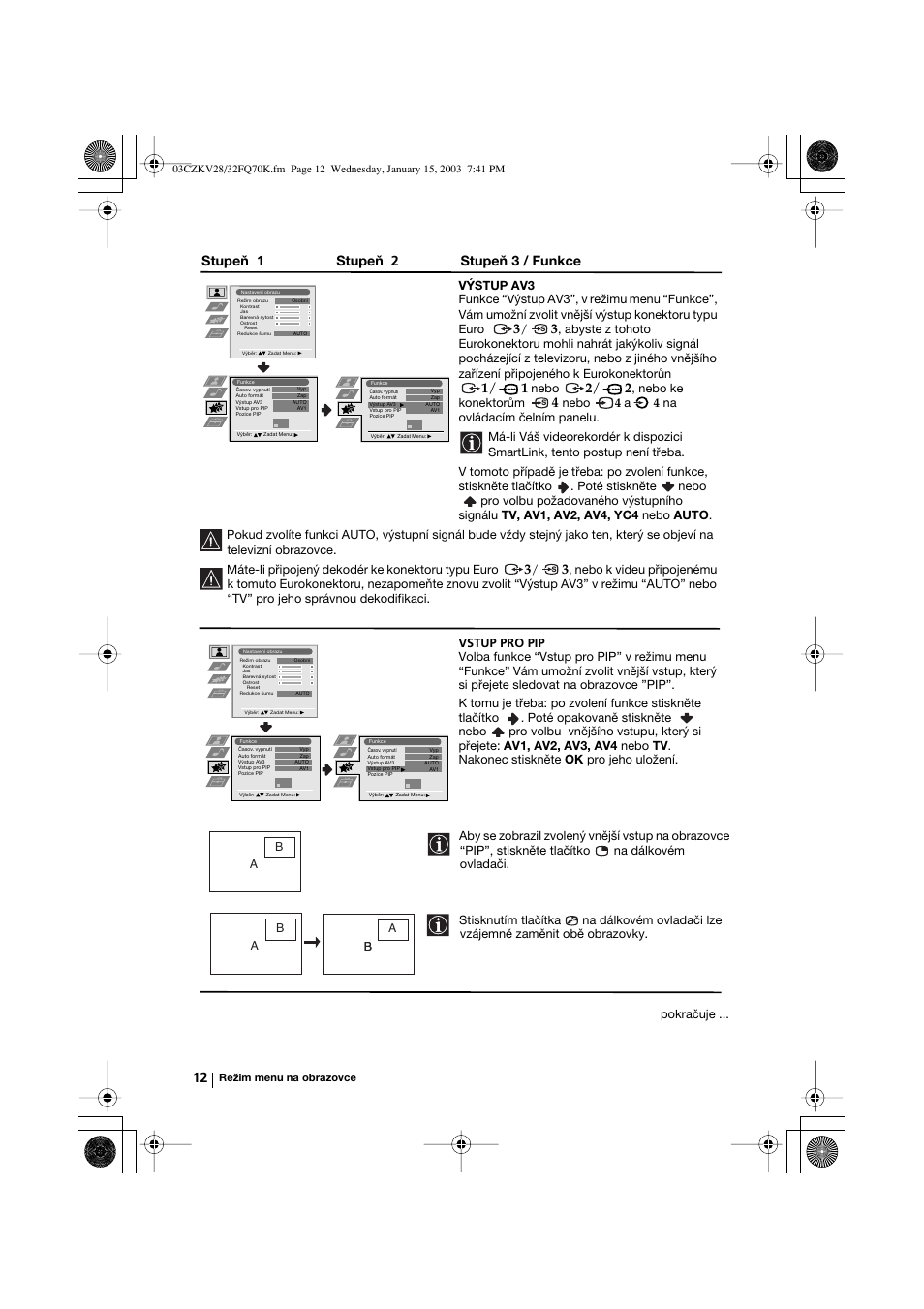 Stupeň 1 stupeň 2 stupeň 3 / funkce | Sony KV-32FQ70K User Manual | Page 60 / 146