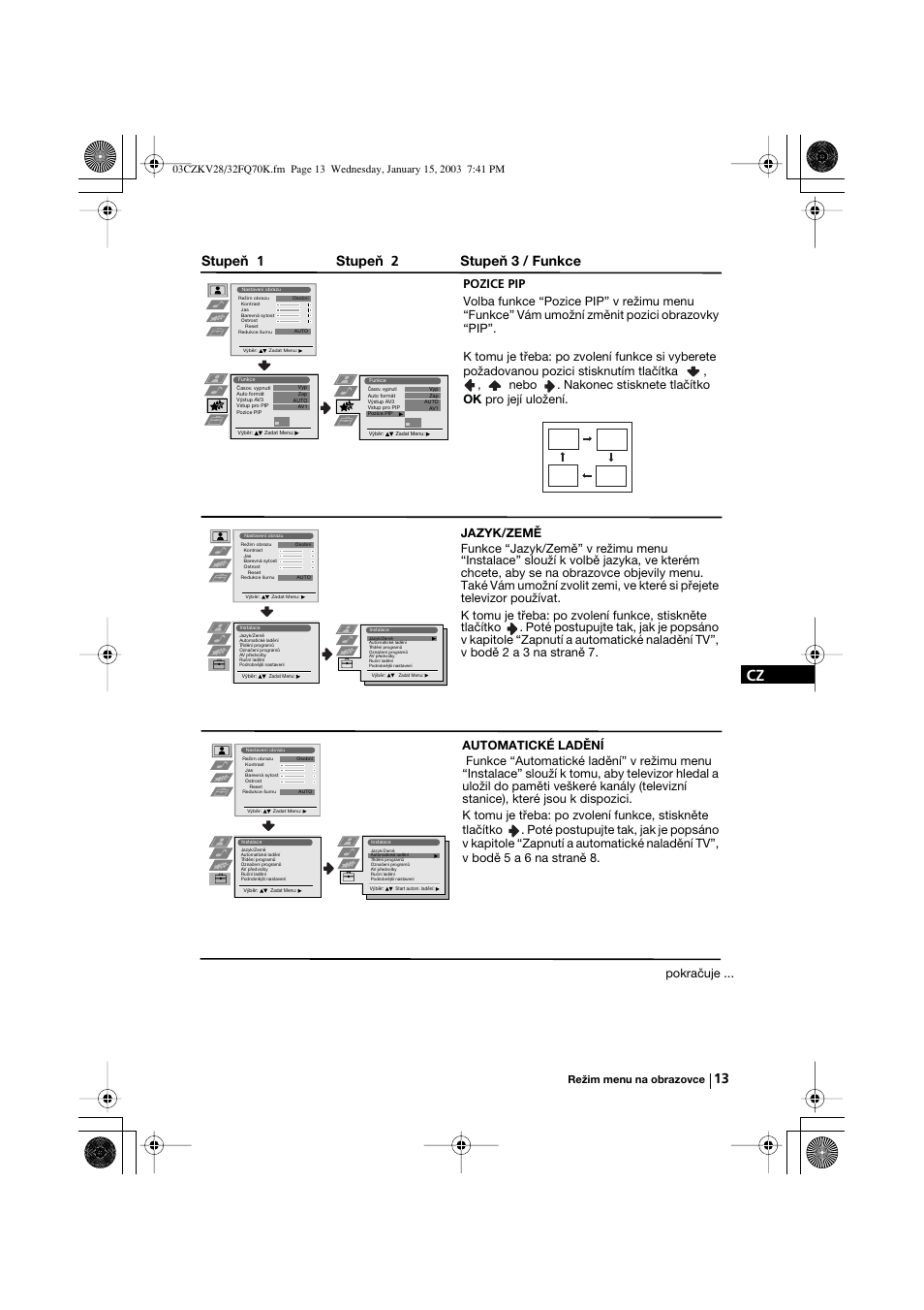 Stupeň 1 stupeň 2 stupeň 3 / funkce | Sony KV-32FQ70K User Manual | Page 61 / 146