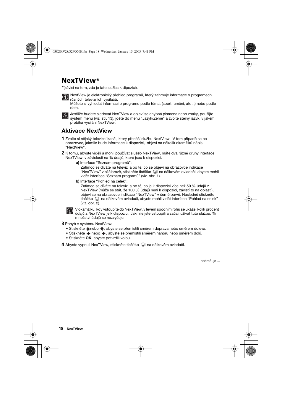 Nextview, Aktivace nextview | Sony KV-32FQ70K User Manual | Page 66 / 146