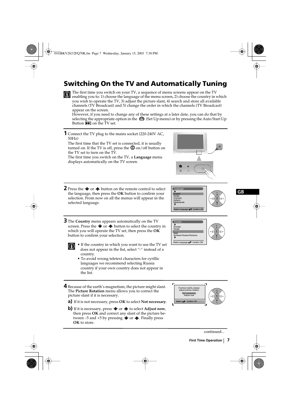 Switching on the tv and automatically tuning | Sony KV-32FQ70K User Manual | Page 7 / 146
