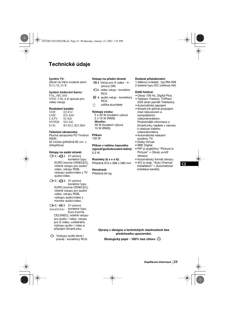 Technické údaje | Sony KV-32FQ70K User Manual | Page 71 / 146
