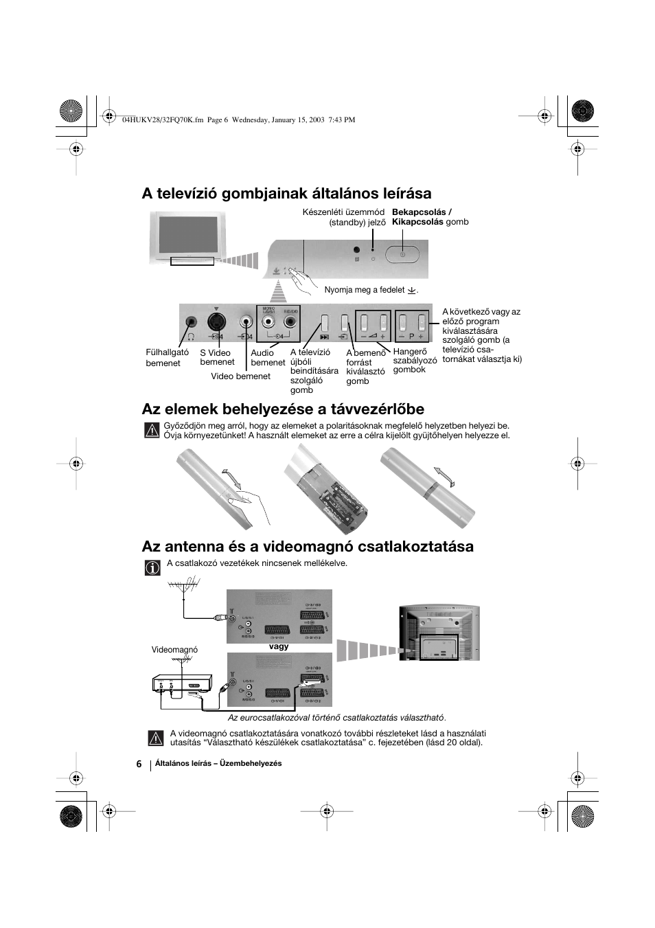 Az antenna és a videomagnó csatlakoztatása | Sony KV-32FQ70K User Manual | Page 78 / 146