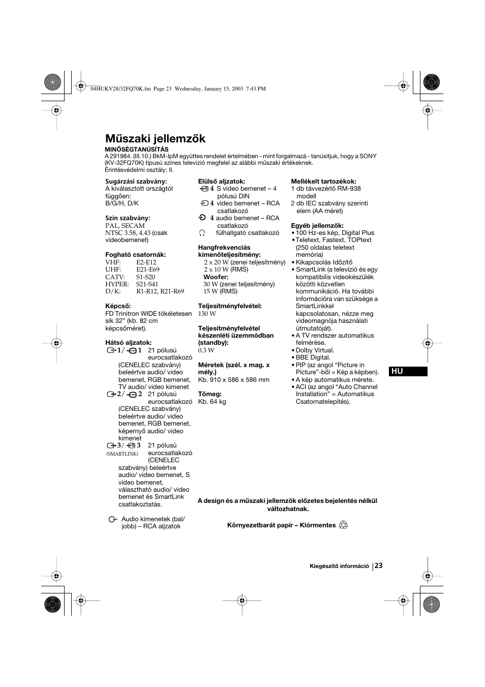 Műszaki jellemzők | Sony KV-32FQ70K User Manual | Page 95 / 146