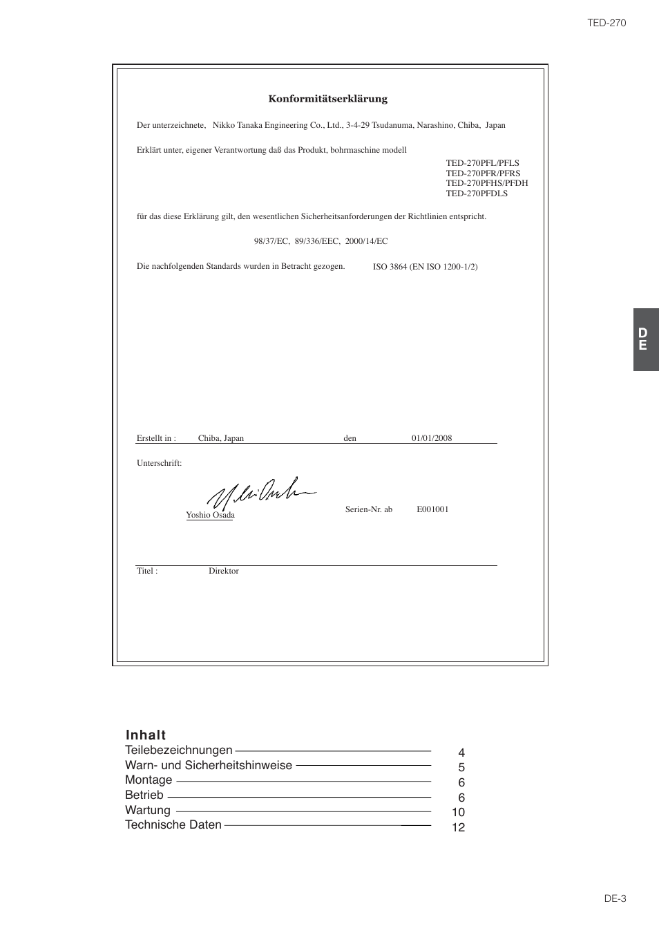 Inhalt | Tanaka TED-270PFL User Manual | Page 46 / 114