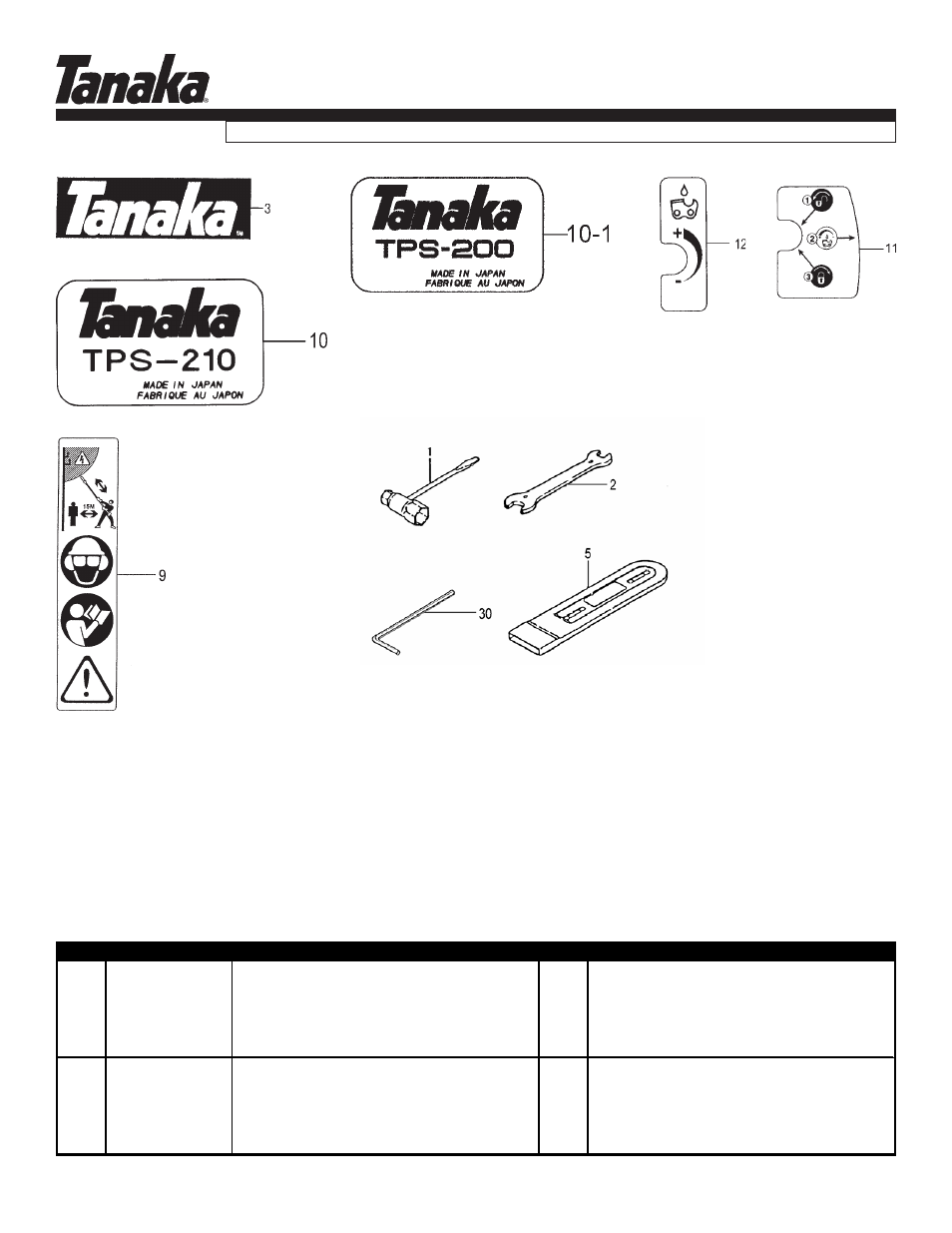 Tools & decals, Parts information | Tanaka TPS-200/210 User Manual | Page 6 / 7