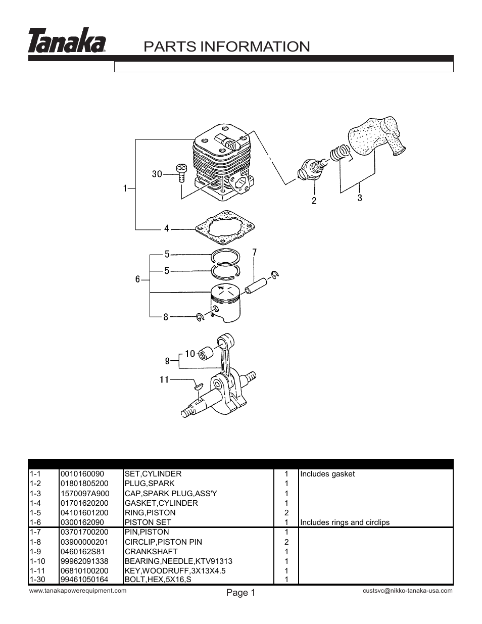 Cylinder, piston & crankshaft, Ted-262hs, Parts information | Tanaka TED-262HS User Manual | Page 2 / 15