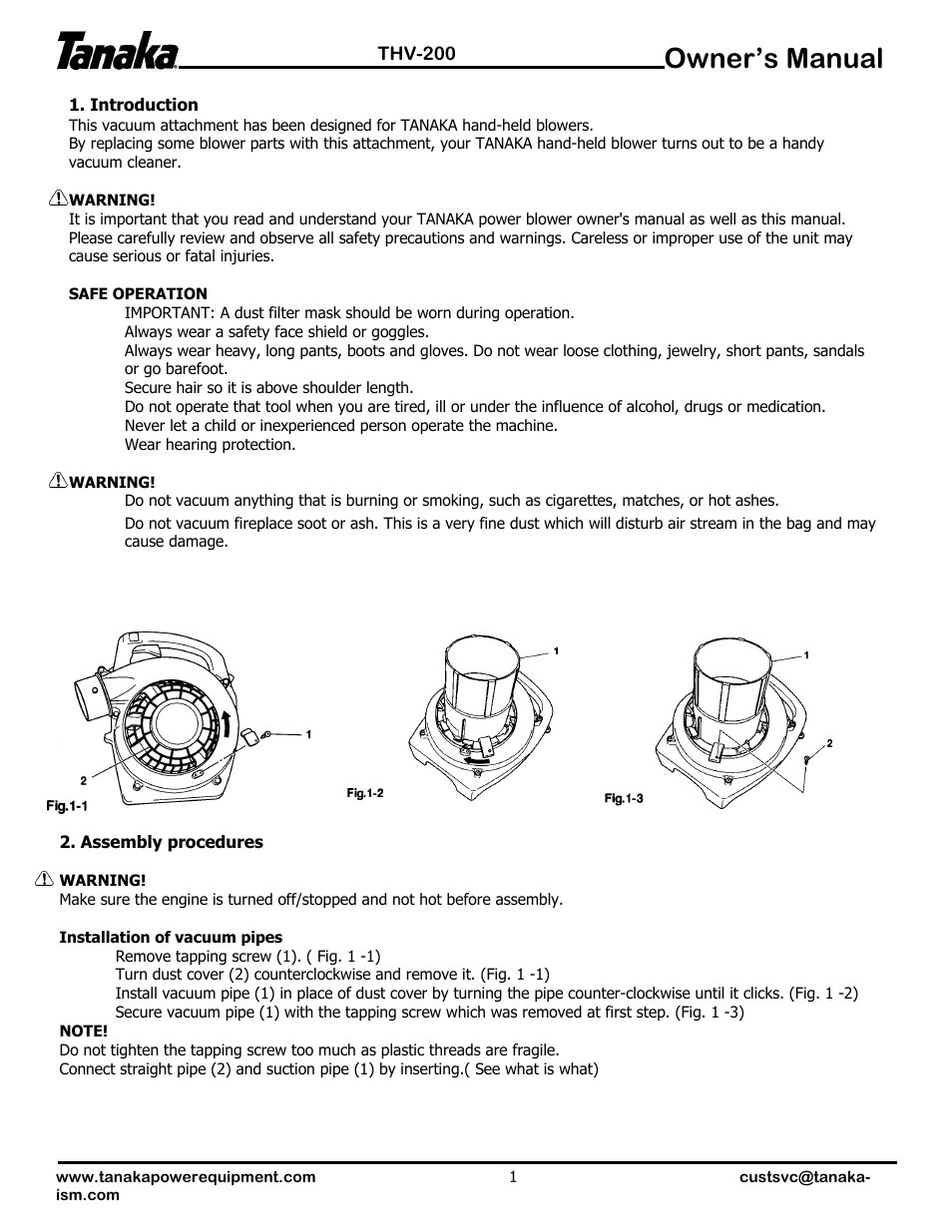 Operation/assembly, Owner’s manual | Tanaka THV-200 User Manual | Page 2 / 4