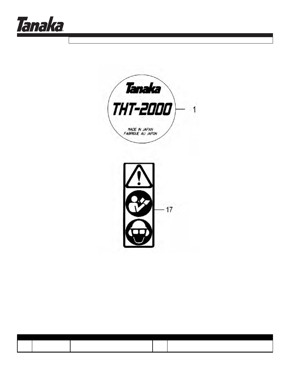 Decals, Tht-2000, Parts information | Tanaka THT-2000 User Manual | Page 12 / 12