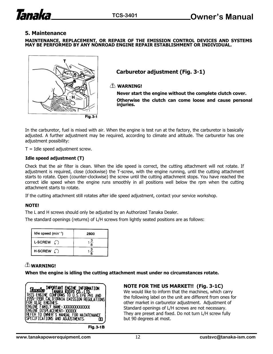 Maintenance, Owner’s manual | Tanaka TCS-3401 User Manual | Page 13 / 20