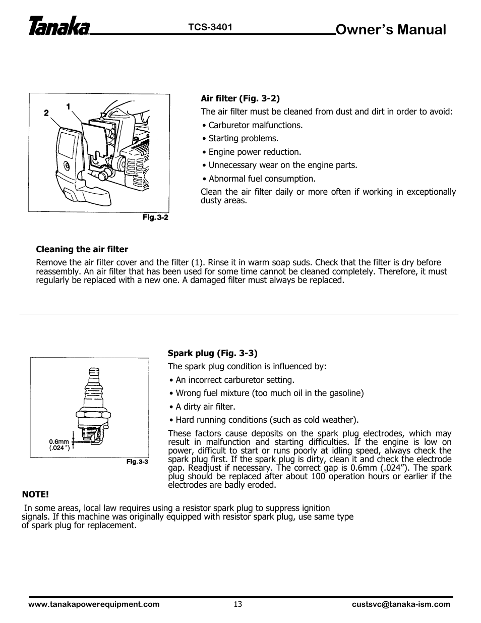 Owner’s manual | Tanaka TCS-3401 User Manual | Page 14 / 20